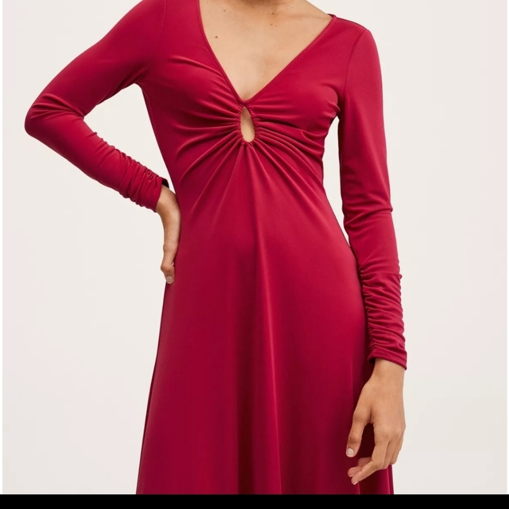 NWT MANGO LADURE Berry Long Sleeve Keyhole Maxi Dress Size L